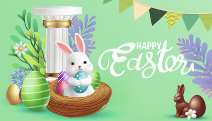 Easter poster and banner template with Easter eggs in the nest on background.Greetings and presents for Easter Day in flat lay styling.Promotion and shopping template for banner, cover. Spring Easter