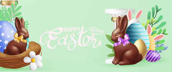 Easter poster and banner template with Easter eggs in the nest on background.Greetings and presents for Easter Day in flat lay styling.Promotion and shopping template for banner, cover. Spring Easter
