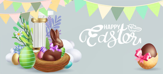 Easter poster and banner template with Easter eggs in the nest on background.Greetings and presents for Easter Day in flat lay styling.Promotion and shopping template for banner,  cover. Spring Easter