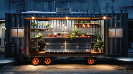 Outdoor food stand with plants and fresh vegetables at night.