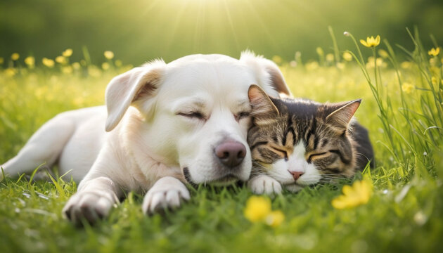 a dog and a cat are sleeping in the grass with a daisy in the background