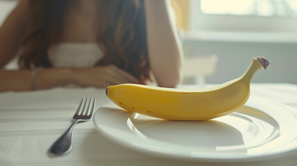 Banana on plate and fork with blurred background of girl behind. The concept of dieting. - obrazy, fototapety, plakaty