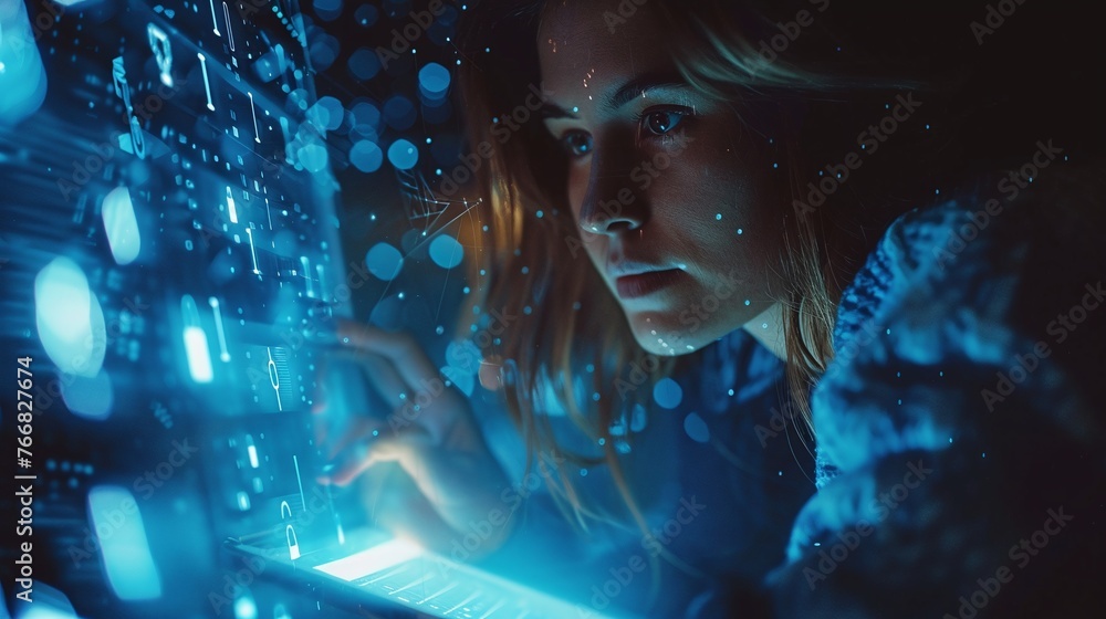 Poster tablet lock security and woman in hologram, exploring data safety and password protection in softwar