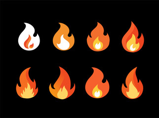 Simple colorful vector flame or fire icons set eps. fire icons flat style on black background. hell, fiery, blazing, inferno, flame, explosion, fuel, burn, heat, warning, dangerous etc concept.

