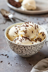 Vanilla Ice Cream with Chocolate Sprinkles. Scoops of rich vanilla ice cream sprinkled with chocolate sprinkles in a speckled ceramic bowl on light background.