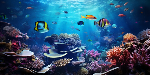 Fototapeta na wymiar Coral reefs with lots of tropical fish the beautiful underwater sea life oceanography background 