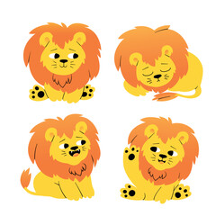 Lion cub cartoon set. Cute lion baby illustration set. Sitting, roaring, paw waving, and curling up. Funny vector clip art illustration for kids isolated on white background. - 766827891