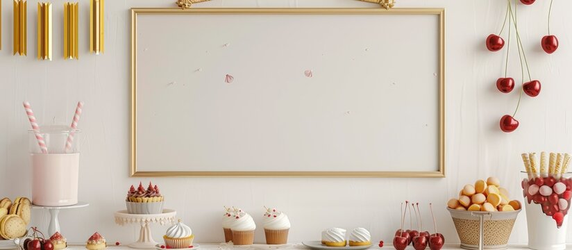Frame with a gold border displayed against a white wall. Hanging from it are gold tassels and a candy bar, next to desserts like ice cream, cupcakes, and cherries.
