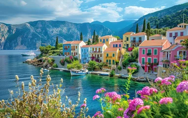 Küchenrückwand glas motiv A picturesque view of the colorful houses and lush greenery on the Greek island of Kefalonia, in combination with the clear blue sea, sunny weather, and blooming flowers © Kien