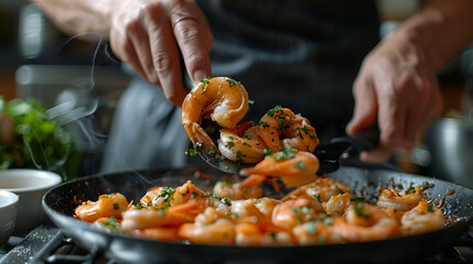 Seafood Professional cook  prepares shrimps with sp Chef Hands with Shrimp Chef cooking prawns on grill, Generative Ai
