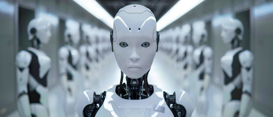 A robot with a white face stands in front of a row of robots, futuristic and technological vibe