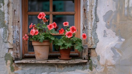 Red geranium flowers in terracotta pots on a rustic window ledge.