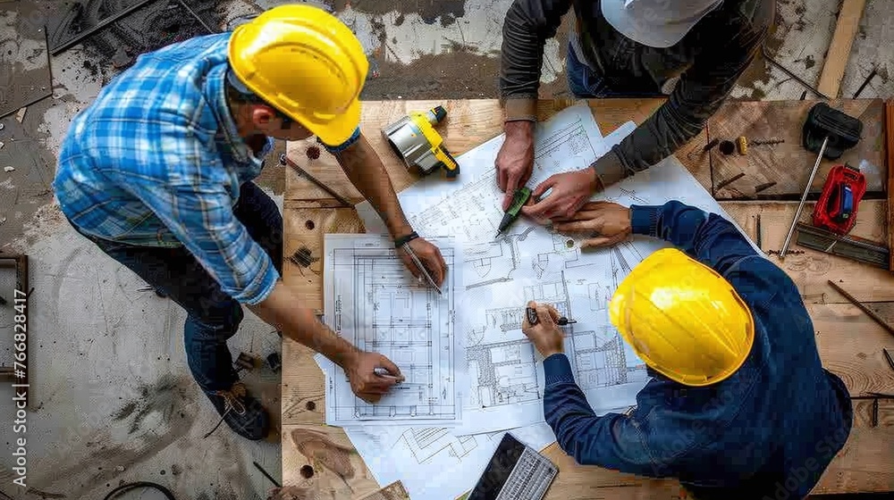 Poster top view of professional architects team measuring layout of building blueprints on site floor