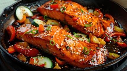 Grilled salmon fillets in a pan with fresh vegetables and herbs.