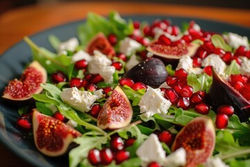 Fresh fig salad with pomegranate seeds, feta cheese, and greens.