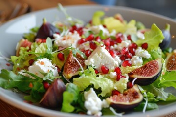 Fresh fig salad with pomegranate seeds, feta cheese, and greens.