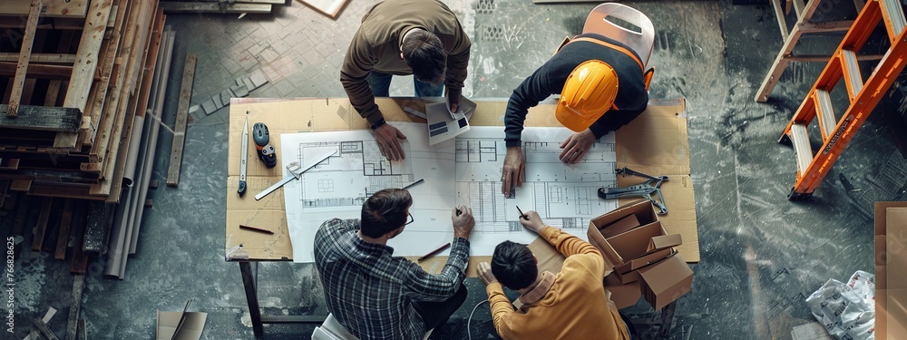 Poster engineers measuring layout of building blueprints on construction site floor for project planning