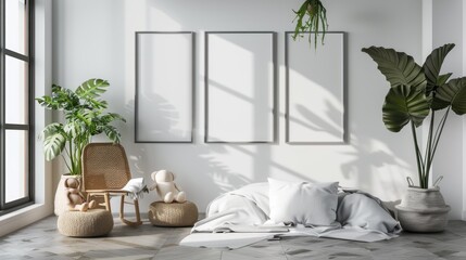 Scandinavian style interior with empty frames on wall and teddy bear.