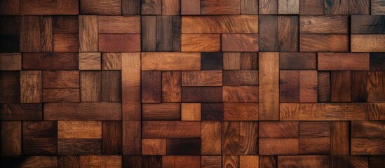 A rustic wooden surface displaying a geometric pattern composed of neatly arranged squares of varying sizes