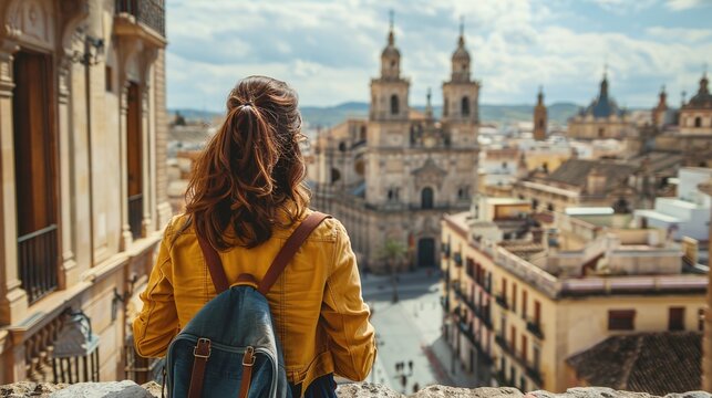 adventure of solo traveler girl in historic streets of old town with cultural experiences