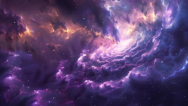 A deep blue and purple nebula swirling with clouds of gas and dust giving birth to new stars and galaxies. The image captures the constant cycle of creation and destruction