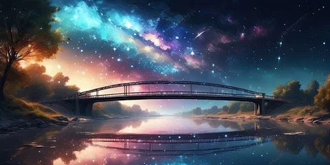 Deurstickers Bridge beside the river with starlight galaxy, celestial beauty, a landscape of tranquility. © franxxlin_studio