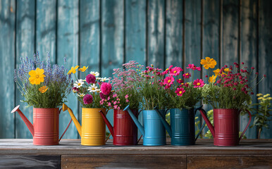 Flower gardening concept and pansy with flowerpots and tools