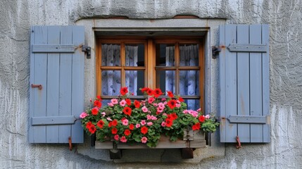 Traditional window with blue shutters and vibrant red and pink geranium flowers on a ledge.