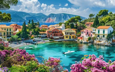 Photo sur Plexiglas Europe méditerranéenne A picturesque view of the colorful houses and lush greenery on the Greek island of Kefalonia, in combination with the clear blue sea, sunny weather, and blooming flowers