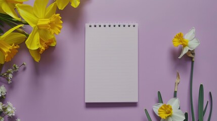 Obraz premium Notebook with blank pages surrounded by white narcissus flowers on a purple background