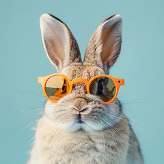 Funny rabbit in trendy orange sunglasses with pastel blue background and copy space for text. Perfect for social media posts, greeting cards, and memes. - obrazy, fototapety, plakaty
