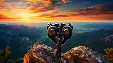 Binoculars on top of rock mountain at beautiful sunset background  - obrazy, fototapety, plakaty