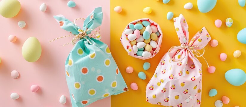 Pink and yellow Easter eggs and fabric bunny gift bags filled with candies are set against a stylish background in a Kids-themed flat lay.