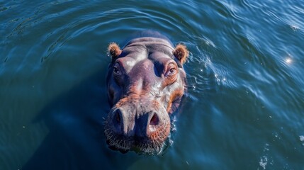 A hippo is swimming in the water with its head above the surface - obrazy, fototapety, plakaty
