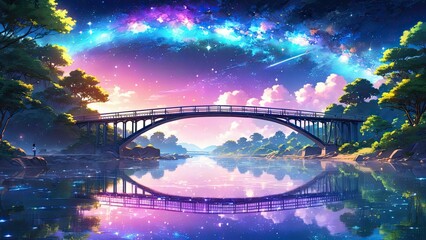 Bridge beside the river with starlight galaxy, celestial beauty, a landscape of tranquility.