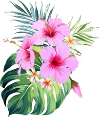 Tropical bouquet. Hibiscus, plumeria, monstera, paradise flower, palm leaf
