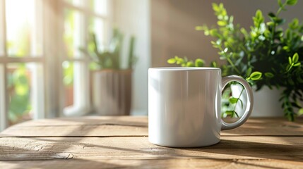 coffee mug mockup template with white blank cup on wooden table and potted green plant background