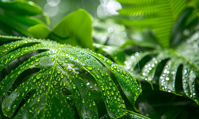 tropical wet bright green leaves background with water droplets fern palm and monstera deliciosa leaf ,Generative AI