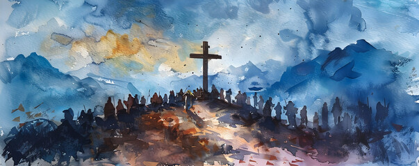 A watercolour painting of the crucifixion on Mount Calvary, representing the solemn and sacred tradition of Good Friday in Christianity. - obrazy, fototapety, plakaty