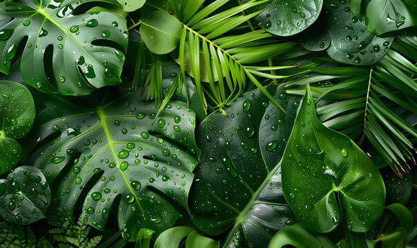 tropical wet bright green leaves background with water droplets fern palm and monstera deliciosa leaf ,Generative AI