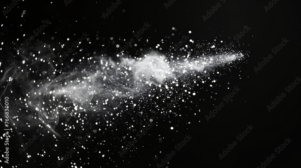 Poster blowing particles dust isolate on black abstract bokeh for overlay and background.