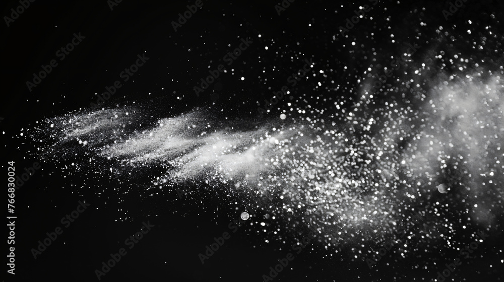 Poster blowing particles dust isolate on black abstract bokeh for overlay and background.