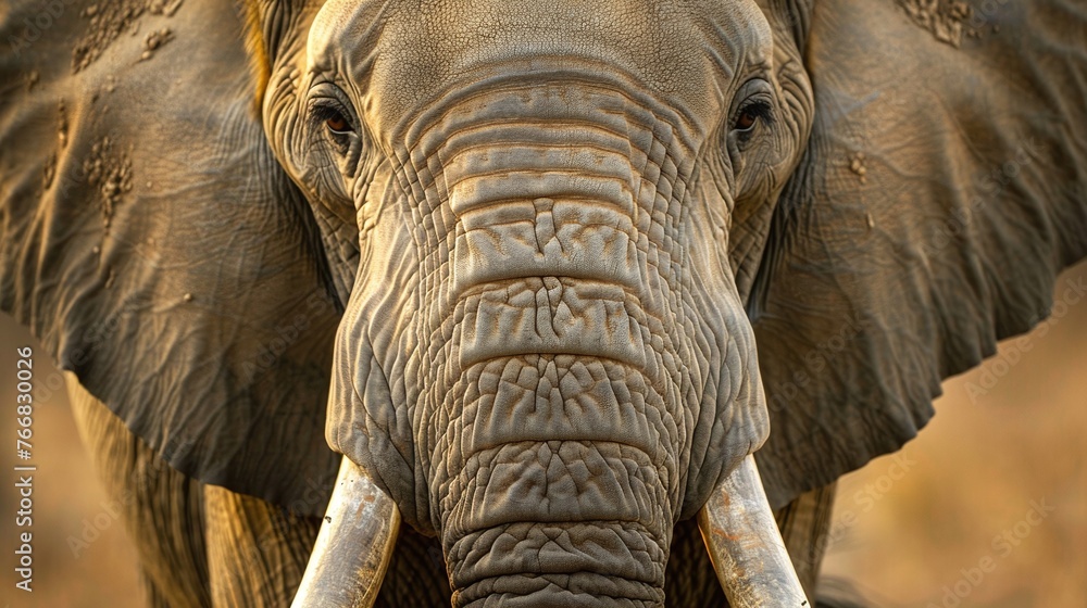 Wall mural elephant herd in the african jungle with a focus on the largest elephant with big tusks and a trunk