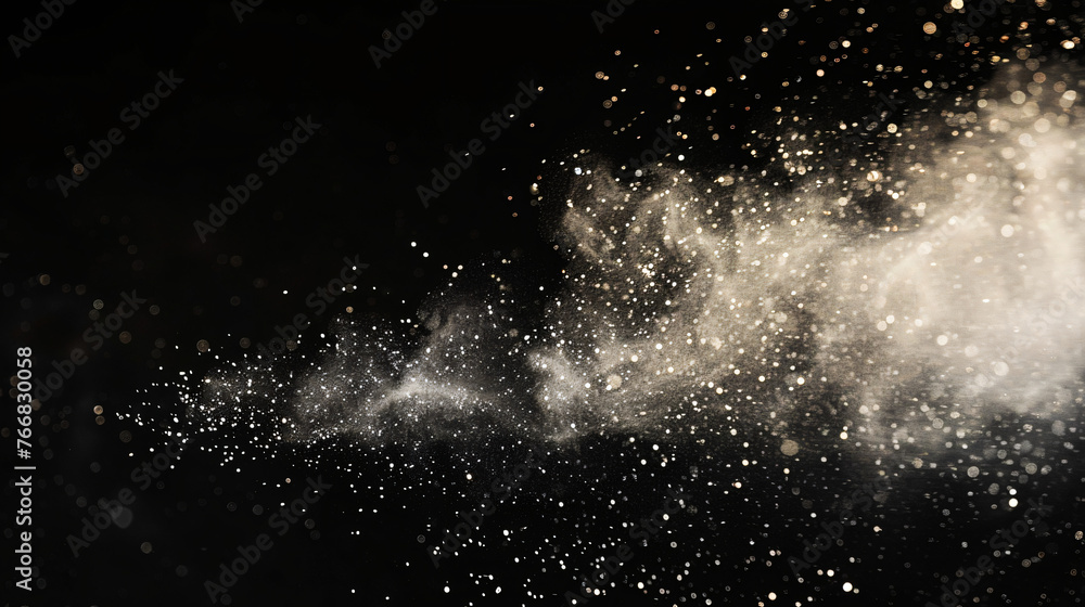 Poster blowing particles dust isolate on black abstract bokeh for overlay and background.