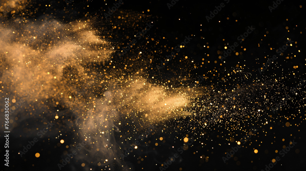 Poster blowing particles dust isolate on black abstract bokeh for overlay and background.