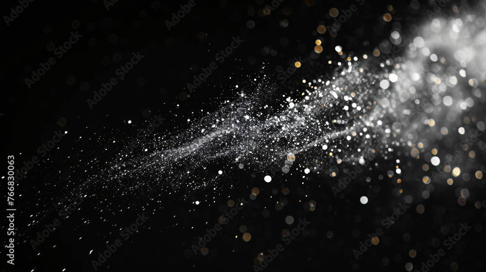 Poster blowing particles dust isolate on black abstract bokeh for overlay and background.