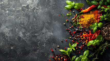 Variety condiments and herbs scattered on backgrou  Wooden Background. Slow motion. Scattered spice mix, grains black peppercorns, turmeric, paprika, coriander, oregano. Generative Ai