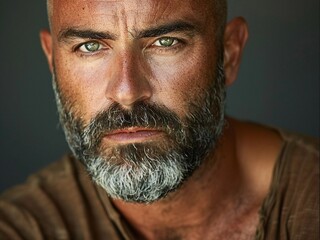 Stunning photos of a mature successful man in high resolution, waist-high, with green eyes, caramel skin, bald with a well-groomed beard