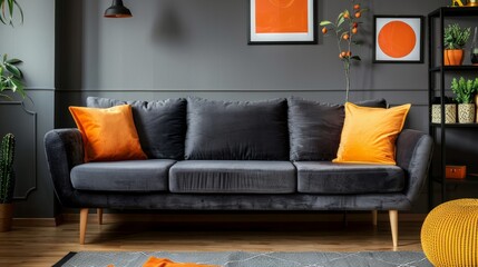 Orange pillow on dark grey sofa in modern apartment interior