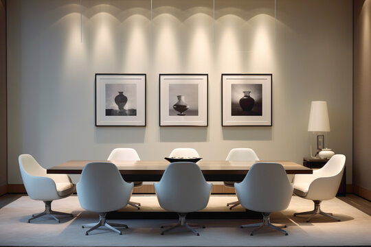 A sophisticated and inviting meeting space featuring stylish furnishings. The blank white empty frame on the wall offers a platform for personalized touches.